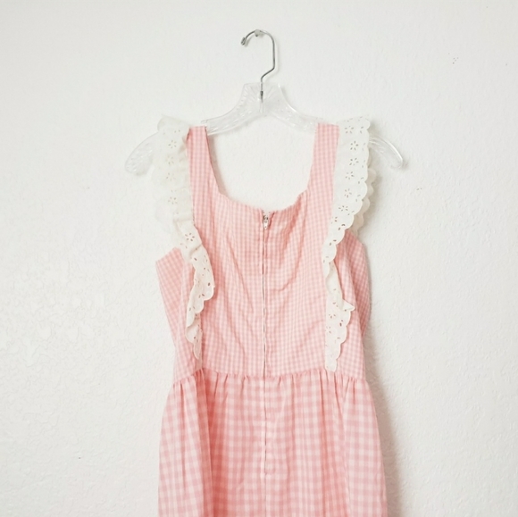 70s Vintage Pink Lace Gingham Boho Prairie Dress - Picture 5 of 8